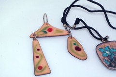 2pc MCM Enamel on Copper Pendant Lot Cord Necklace