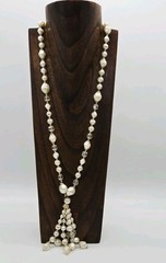 Faux Pearl Tassel Necklace asymmetrical Beaded Waterfall Gold tone Vintage 29 in