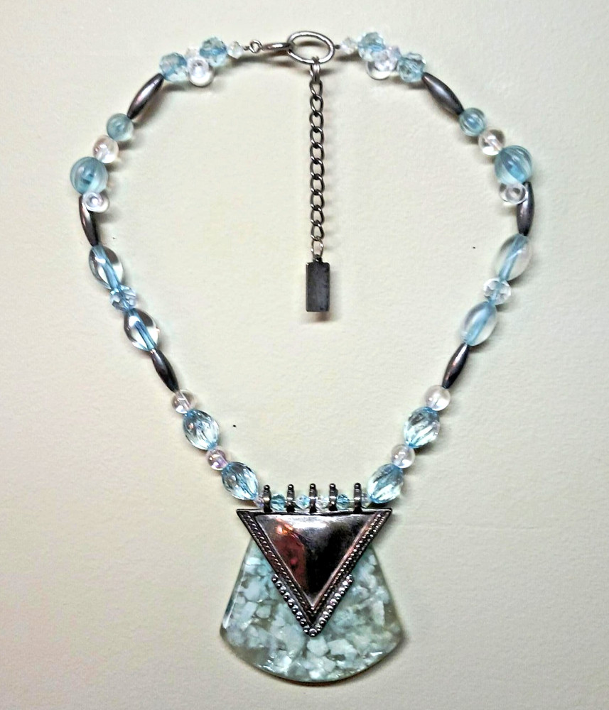Vintage Anthony Alexander Silver Tone Blue/Teal Lucite Statement Necklace 20″