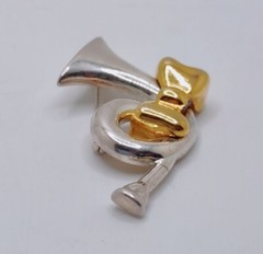 Vintage French Horn Bugle Brooch Instrument Music Silver Tone Gold Tone Bow