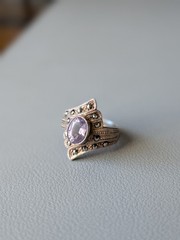 VTG SterlingSilver FAS Marcasite Amethyst Shield RingS6.5 February Birthstone