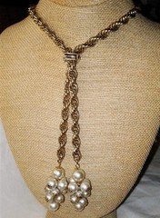 Vintage 1960’s Lariat Tassel Faux Pearl Necklace Gold Plated Heavy Chain MCM