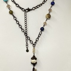 Bohemian Tassel Pendant Necklace Designer Assorted Gemstones Brown Chain 36″