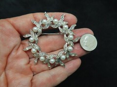 Vintage 1960’s Silver Tone Rhinestone & Faux Pearl Circle Brooch