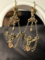 Antique Chandelier Peach Beads Earrings Alloy Metal Self Clasp Beautiful 2inch