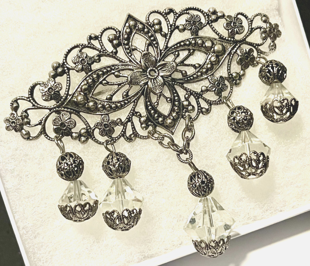 VINTAGE Marcasite Filigree 3″ Brooch w Glass Crystal Dangles Silver Tone Pin