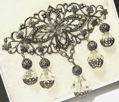 VINTAGE Marcasite Filigree 3″ Brooch w Glass Crystal Dangles Silver Tone Pin