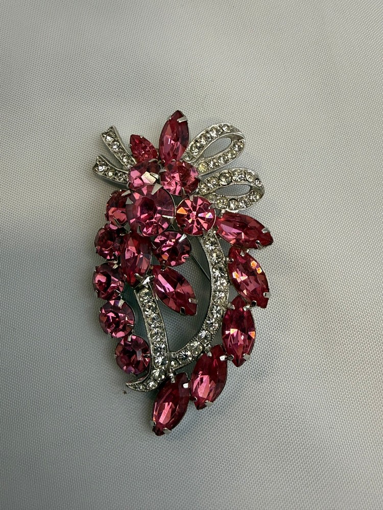 Vintage Eisenberg Ice Pink Clear Rhinestone Floral Brooch Silver Tone Signed