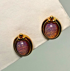 Vintage Opal Glass Cabochon Stud Earrings Gold Tone Oval Fire Glow