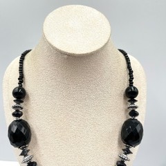 Vintage Black Faceted Acrylic Bead Statement Necklace Silver Tone Accents Bold