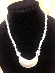 Vintage Mother of Pearl Crescent Moon Pendant Necklace White Heishi Shell Beads