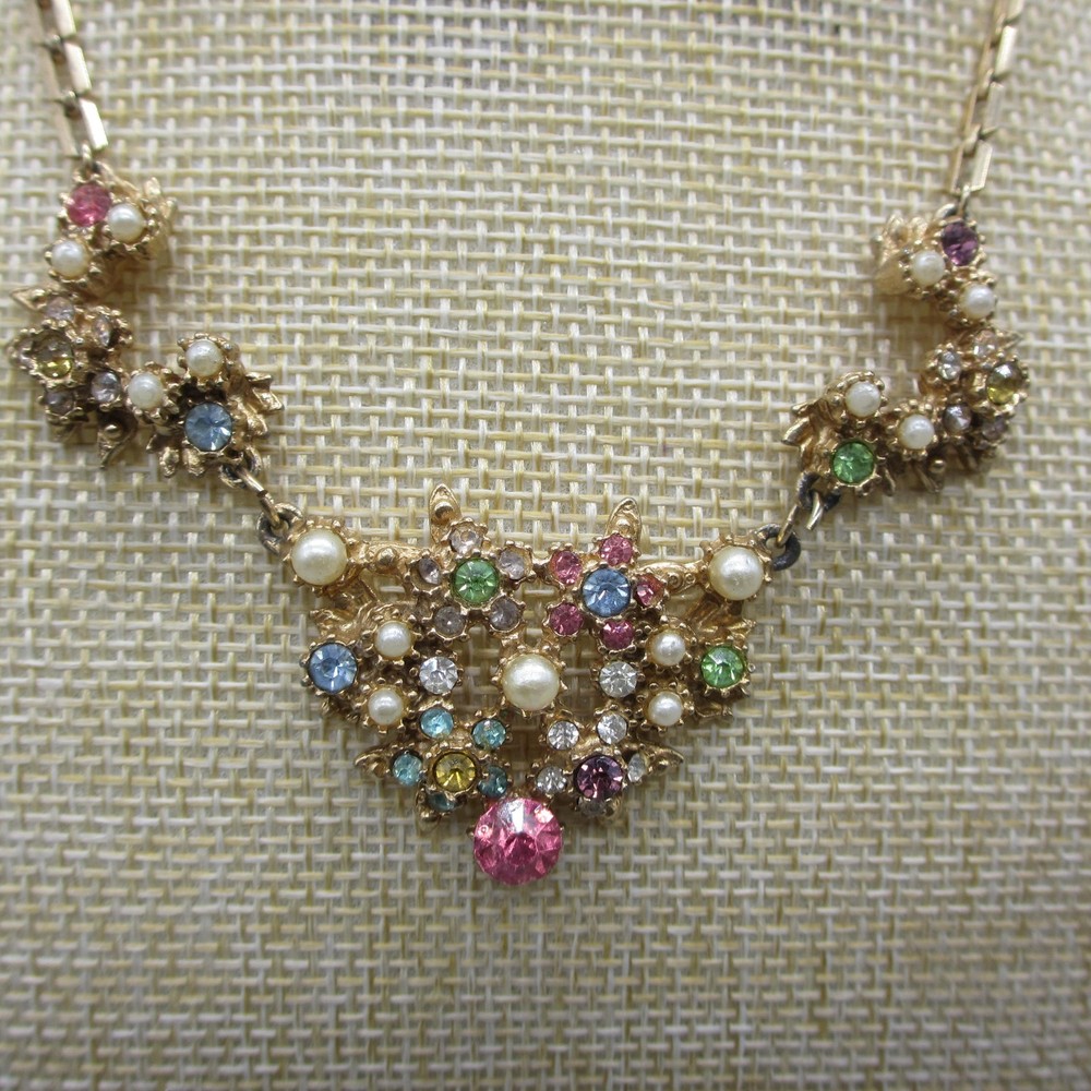 Vintage Rhinestone Necklace Pastel Fruit Salad Dainty Choker Collar 15 Inch