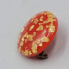 Vintage Red Lucite Brooch Gold Flecks Round 1.25 in