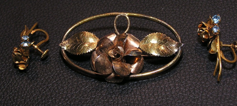 Vintage earrings stamped made in Austria and matching rose pin