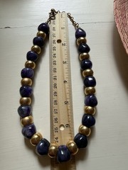 Vintage Chunky Bead Necklace Purple Stone Gold Tone Choker Heavy 15-16”