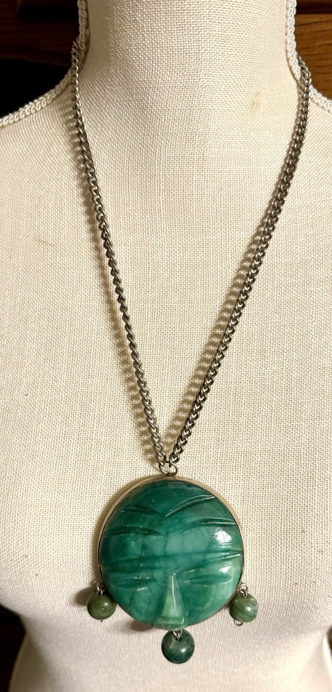 Vintage Mexican Alpaca Green Onyx Stone Pendant Necklace Large Modernist Disc
