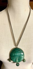 Vintage Mexican Alpaca Green Onyx Stone Pendant Necklace Large Modernist Disc