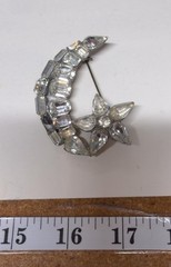 VINTAGE Silver Tone Moon Star Brooch Clear Rhinestone Pin 2.25 in