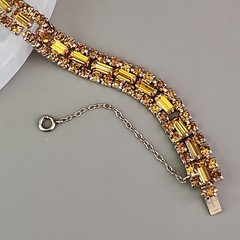 Vintage Rhinestone Bracelet Orange Glass Tennis Safety Chain Gold Tone 6.5″