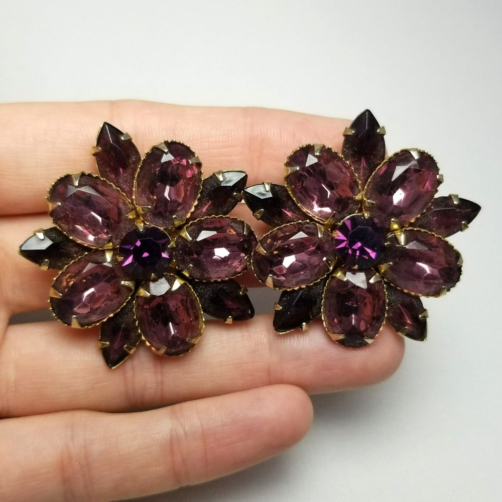 Vintage Dark Purple Rhinestone Cluster Marquise Oval Stones, Flower Shape
