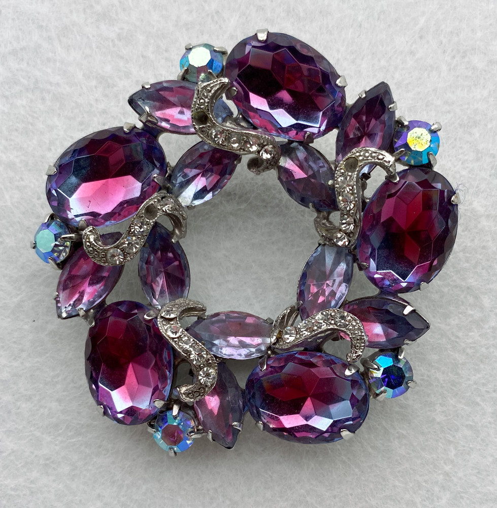 Juliana Wreath Watermelon Brooch Faceted Purple & Clear Rhinestone Silver-Tone