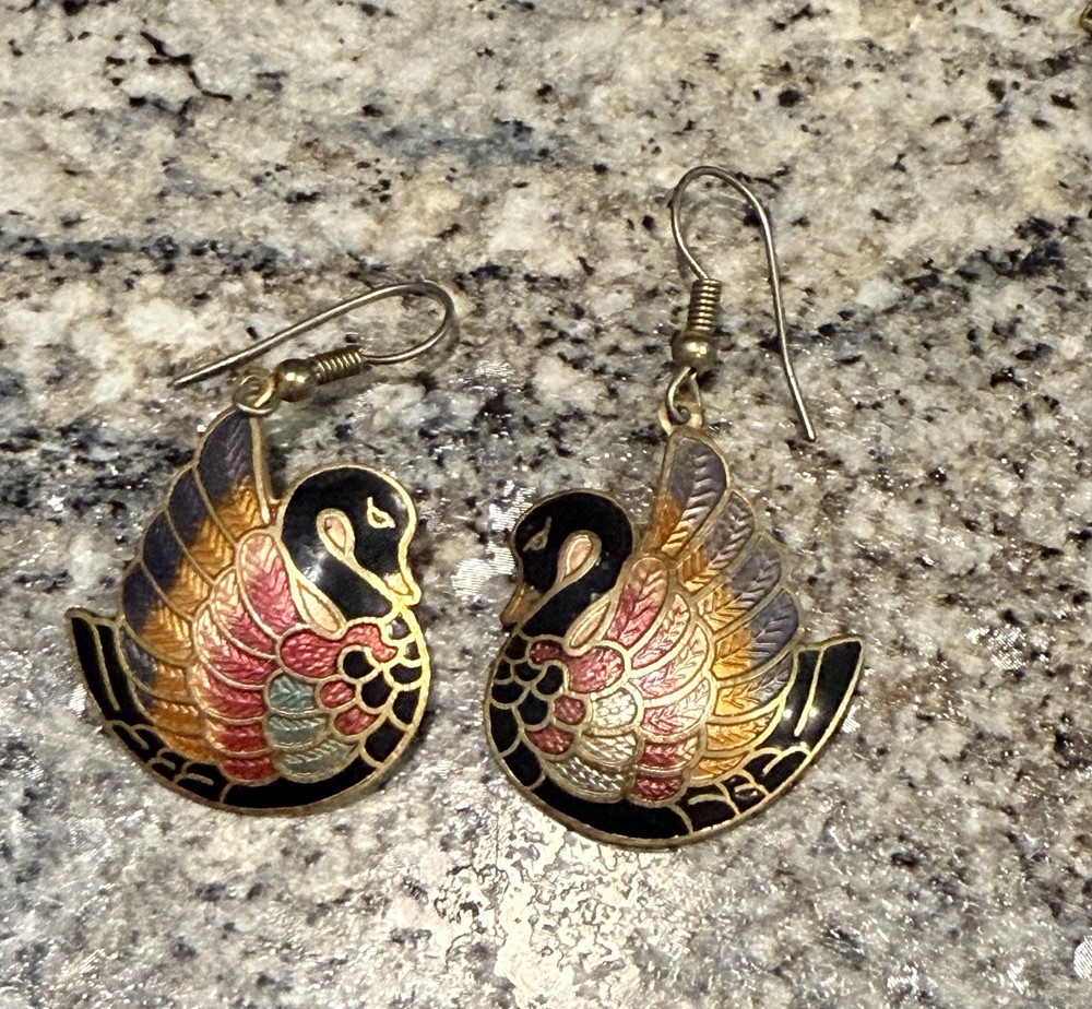 Vtg Cloisonné Swan Gold tone Dangle Pierced Earrings Black Pink Retro Art Deco