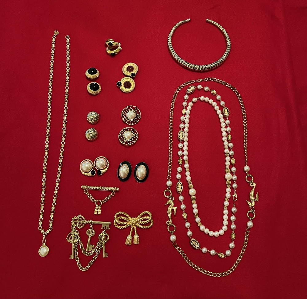 Lot Of Gold Tone 1990’s, 2000’s Necklaces, Earrings, Pins, 14 Pieces, One Monet