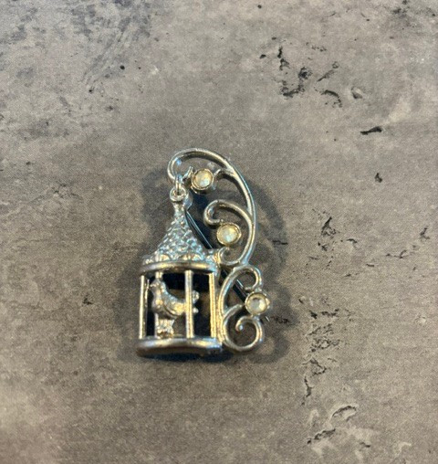 Vintage Silver Bird in Cage with Swirls Brooch Pin
