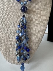 Vintage Blue Art Glass Bead Tassel Necklace 5 Strand Bracelet Set Boho Y2K L017