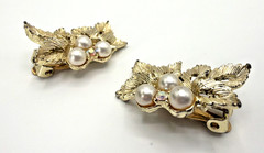 JUDY LEE Bracelet Earrings Set Gold Leaves w/Faux Pearl Clusters AB Accents