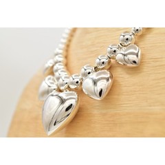 Vintage Heart Charm Necklace Puffy Silver Beaded Chain Chunky Shiny NOS 80s A27