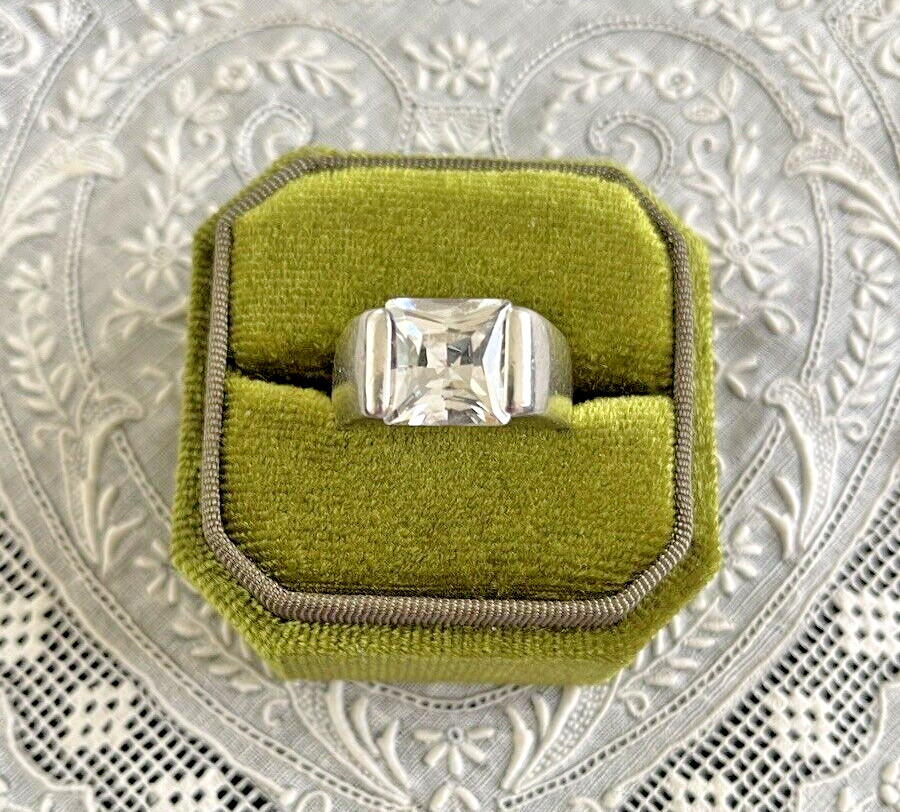 Chunky Sterling Silver Clear CZ Open Channel Set Solitaire Statement Ring 6.25
