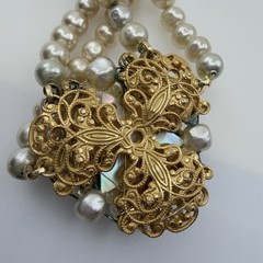 1950s Vintage Faux Pearl RHINESTONE Gold Filigree Bridal Set Earrings & Necklace