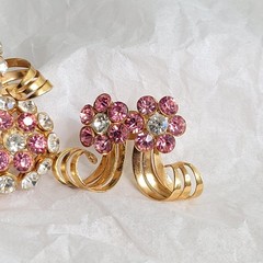 Vintage Mid-Century Pink and White Rhinestone Pendant / Brooch and Earrings Set