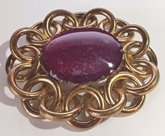 Large Vintage Brooch: Mottled Red-Purple Glass Stone in Interlocked Brass Rings