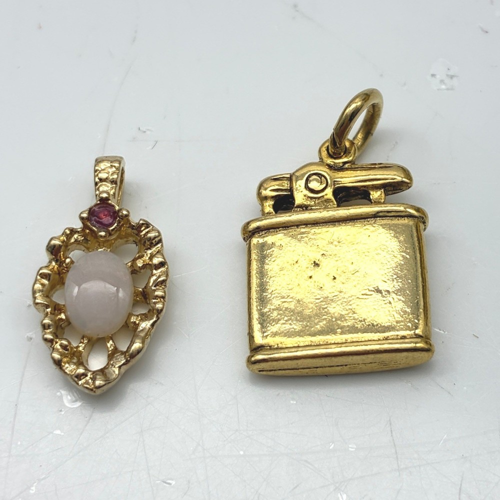 Vintage Gold Tone Lighter Charm and Pink Stone Filigree Pendant Set 2pc