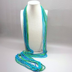Vintage Plastic Beaded Necklace Blue Green Flapper 50″