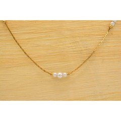 Vintage Station Chain Necklace White Pearl White Beaded Gold Tone 1990s Bin6B