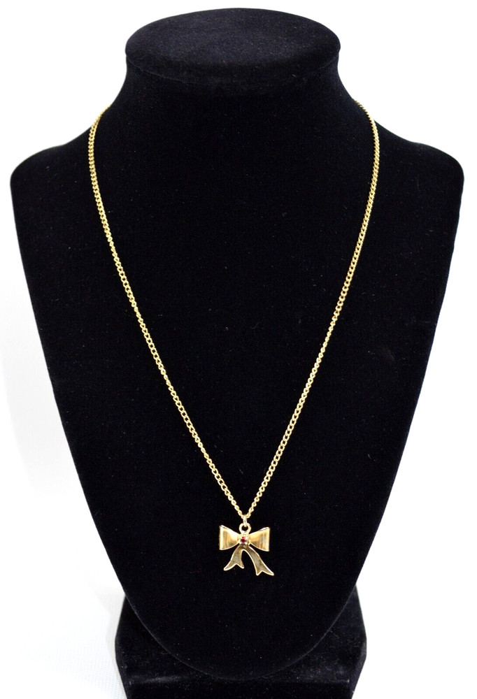 Vintage Gold Tone Necklace & Bow Shaped Pendant with Red Rhinestone