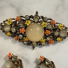 Vintage ART Arthur Pepper Enamel Floral Clip Earrings & Brooch Moonstone Glass
