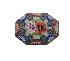 Vintage MICRO MOSIAC Glass FLORAL Octagonal Brooch Pin ITALY “C” Clasp 1 3/8″