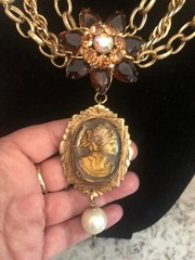 Vintage Juliana Rhinestone & Cameo Statement Necklace-Repurposed & One of a Kind