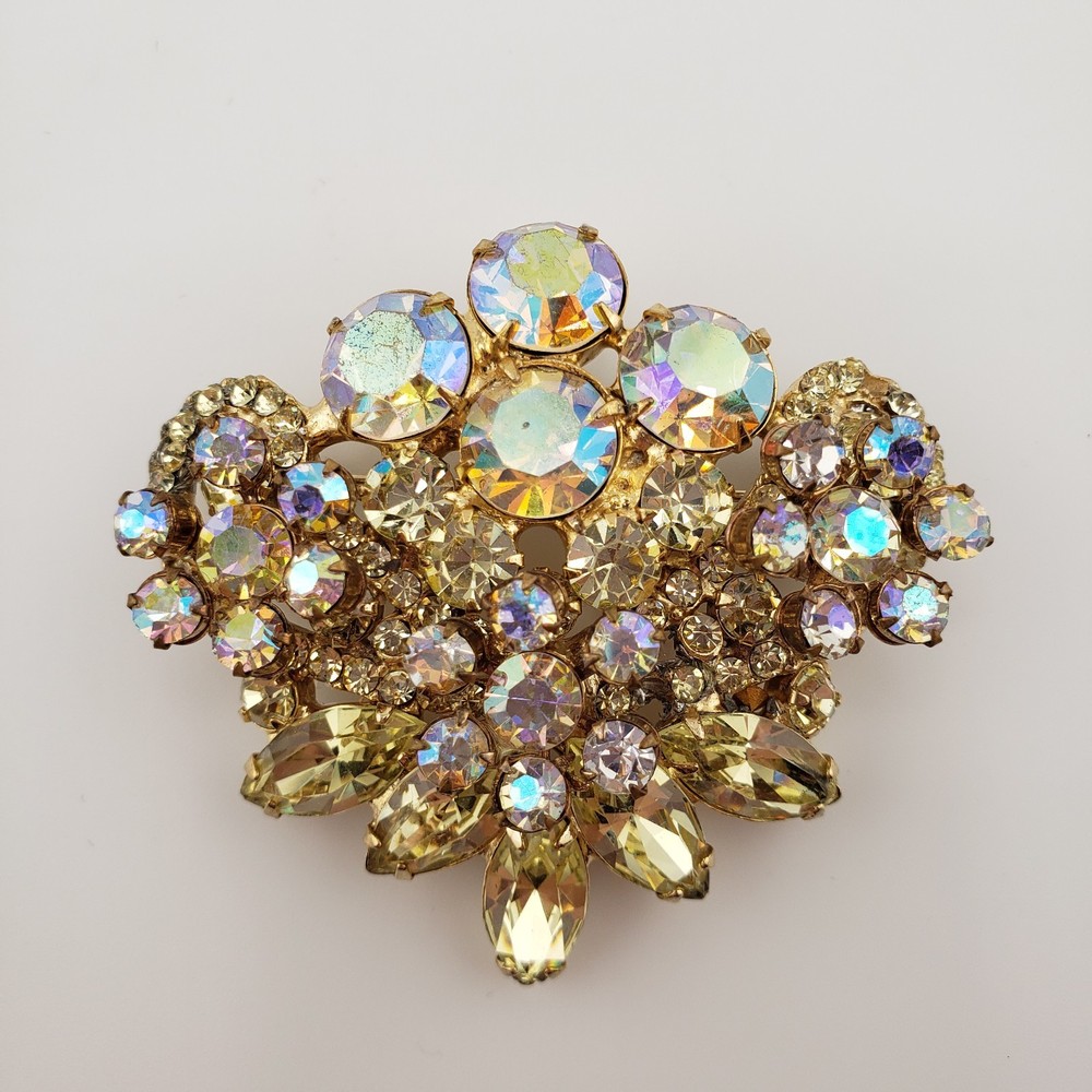 Vintage Rhinestone Brooch Aurora Borealis Yellow Marquise Gold Tone Fan Shape