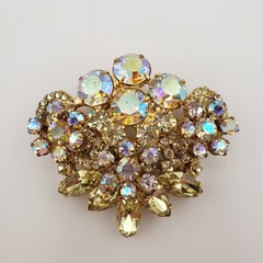 Vintage Rhinestone Brooch Aurora Borealis Yellow Marquise Gold Tone Fan Shape