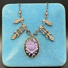 Vintage Charm Pendant Necklace on Sexy Black Chain w Purple Rose & Rhinestones