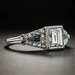 Art Deco Style Emerald Cut Lab Created Diamond Sapphire 14K White Gold FN Ring