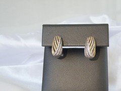 Vintage Sterling Silver 925 Gold Pave CZ Huggie Small Hoop Omega Earrings