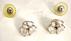 Earrings w/3 Clear Tear Drop Rhinestones On Each w Push-On Backs Gold-Tone Studs