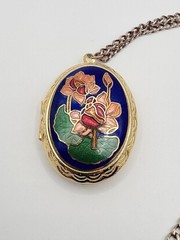Vintage Longla Cloisonne Enamel Lotus Flower Locket Watch Pendant Art Deco Style