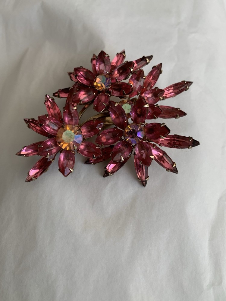 Vtg 60s Pink Rhinestone Pin 3”spray Marques Round Prong Set Stones Gold Tone
